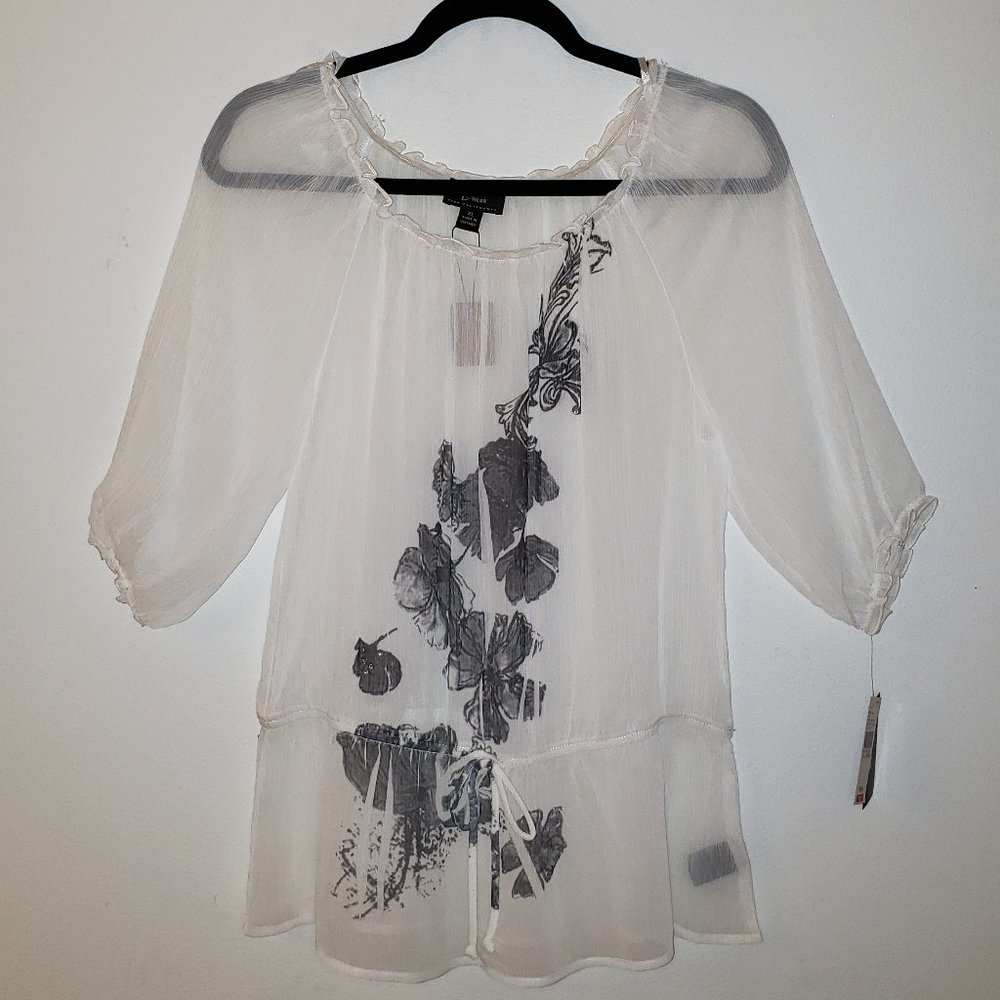 (NWT) B-Wear Sheer Off White Blouse with Grey Floral Design.  Size X-Large.